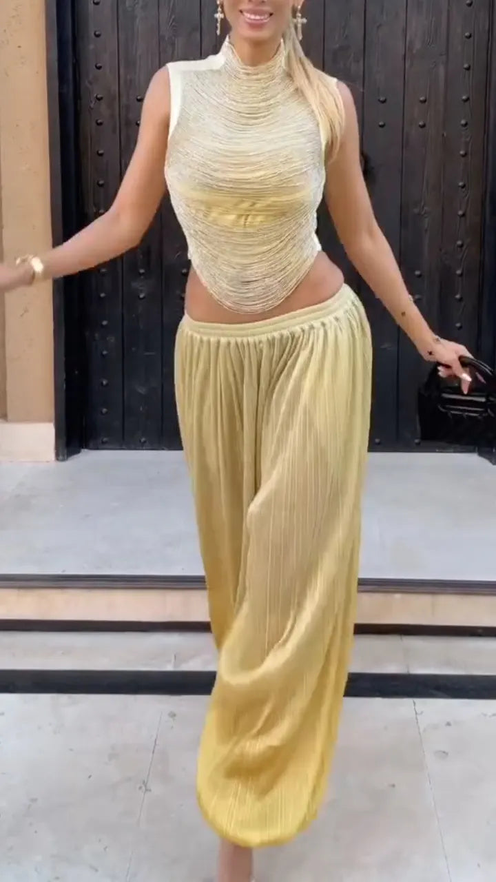 Gold Round-Neck Flowy Top + Pleated Trousers Two-Piece Set
