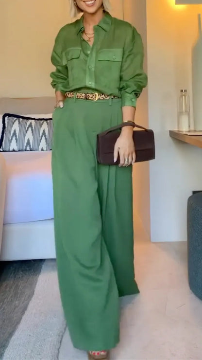 Green Linen Blend Button-Down Shirt & Wide Leg Pants Two-Piece Set
