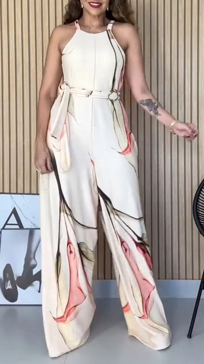 Halter Neck Abstract Print Wide Leg Jumpsuit