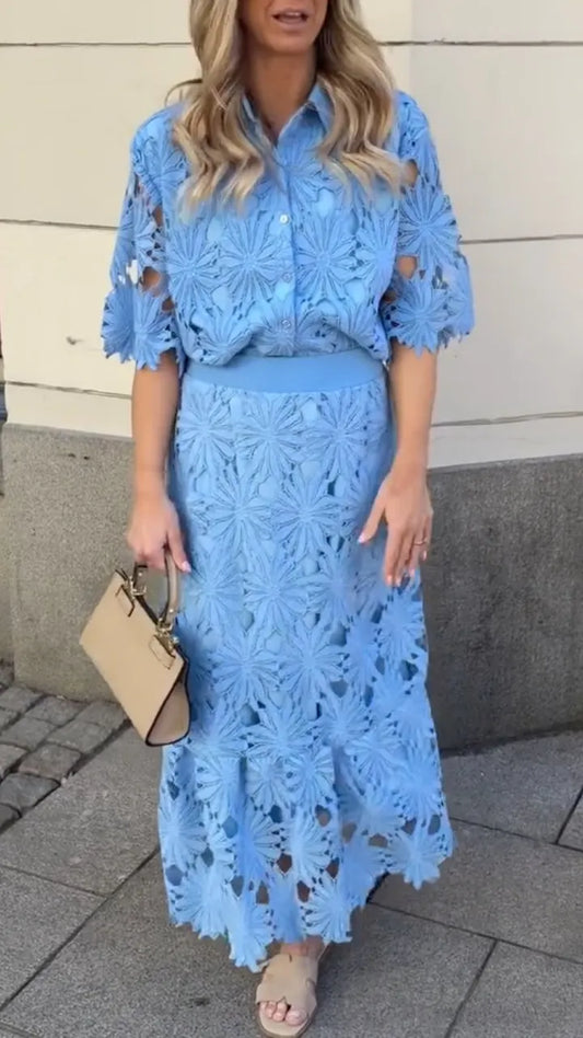 Light Blue Floral Lace Two-Piece Set