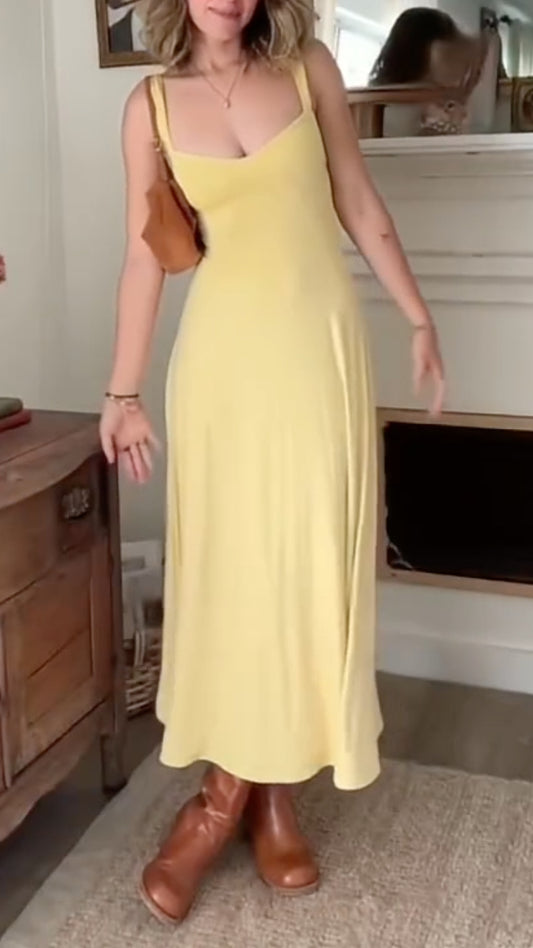Yellow Sweetheart Neck Ruched Sleeveless Midi Dress