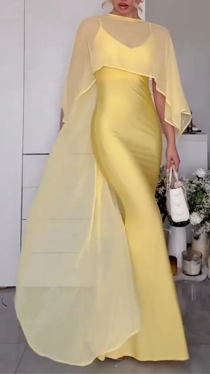 Satin Slip Maxi Dress & Sheer Cape Shrug Co‑Ord Set