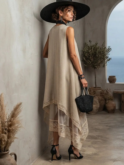 Light Khaki Sleeveless Two-Layer Sheer Lace Trim Maxi Dress
