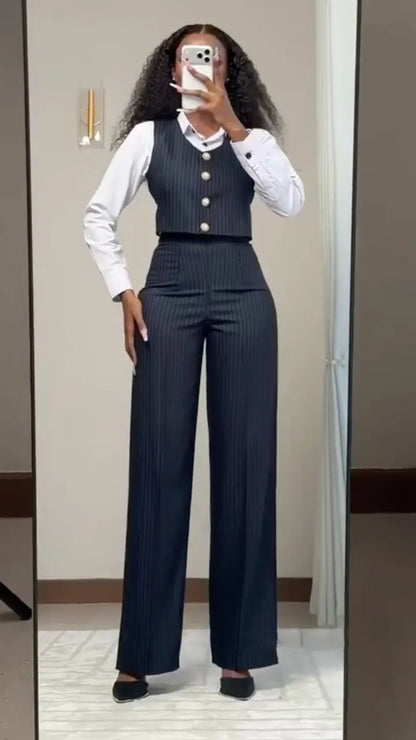 Pinstripe Gold Button Double Breasted Tailored Suit