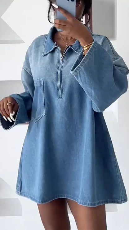 Oversized Half-Zip Denim Mini Dress