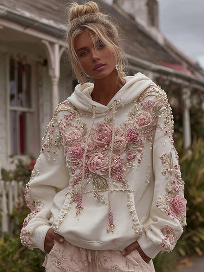 Women's Vintage Rose Pearl Embroidery Comfortable Warm Hoodie