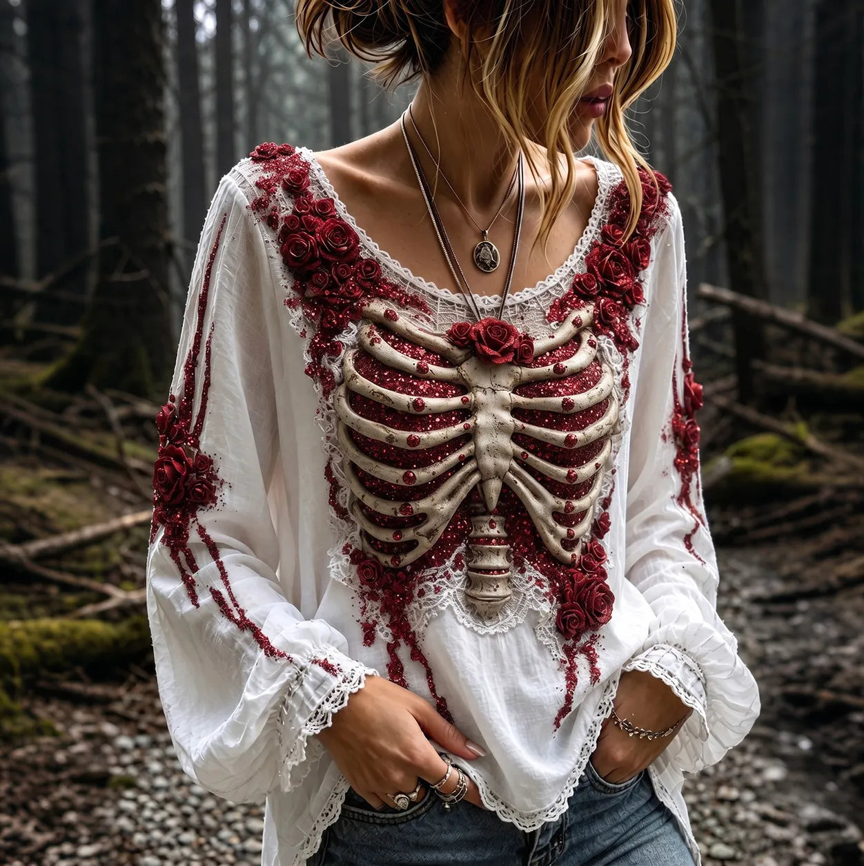 Women's Retro Rose And Skeleton Art Crew Neck Casual Long Sleeve Top