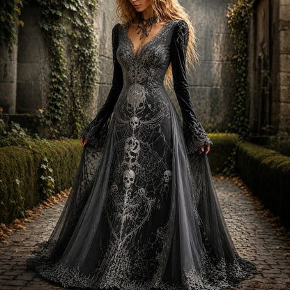 Women's Retro Gothic Skull Pattern V Neck Maxi Halloween Dress