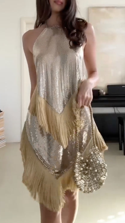 Gold Silver Sequin Fringe Halter Neck 2 Piece Set