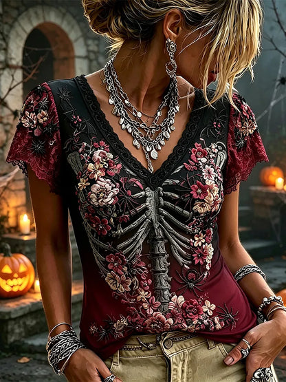 Gothic Burgundy Skeleton Floral Lace Halloween Dark Romance Blouse