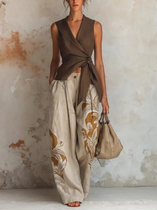 Sophisticated Wrap-Front V-Neck Top & Botanical Wide-Leg Pants
