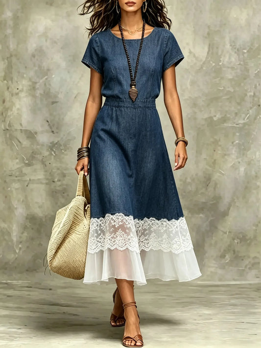 Women's Denim Lace Patchwork Midi Dress