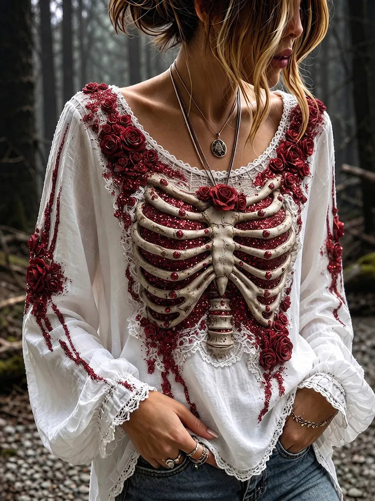Women's Retro Rose And Skeleton Art Crew Neck Casual Long Sleeve Top