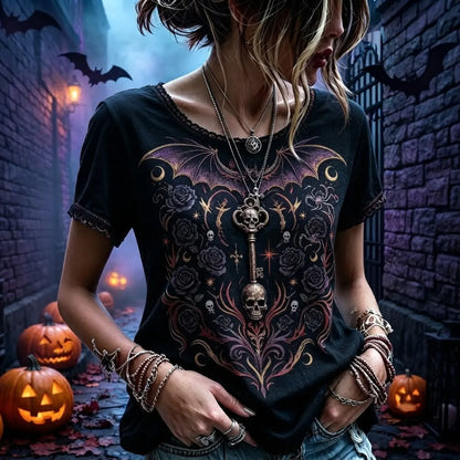 Women's Gothic Bat Wing, Rose & Skull Graphic Short Sleeve T-shirt