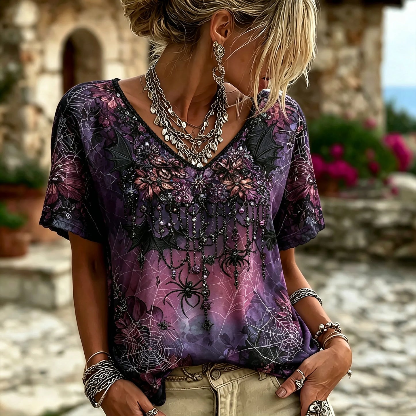 Ombre Purple Spider Bat Web Floral V Neck Short Sleeve Women Witchy Gothic Halloween Blouse