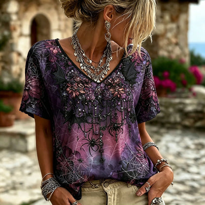 Ombre Purple Spider Bat Web Floral V Neck Short Sleeve Women Witchy Gothic Halloween Blouse