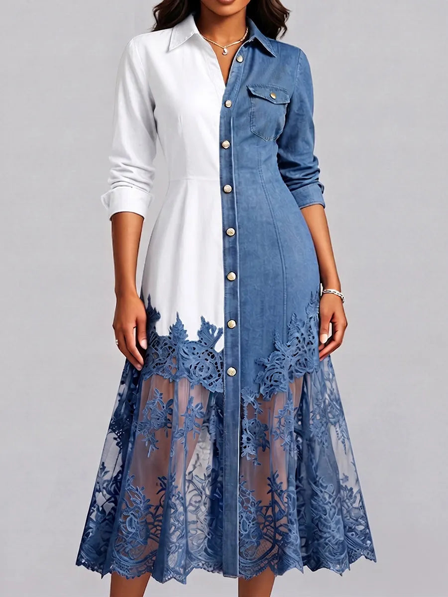 Elegant Two-tone Lace Hem Denim Dress