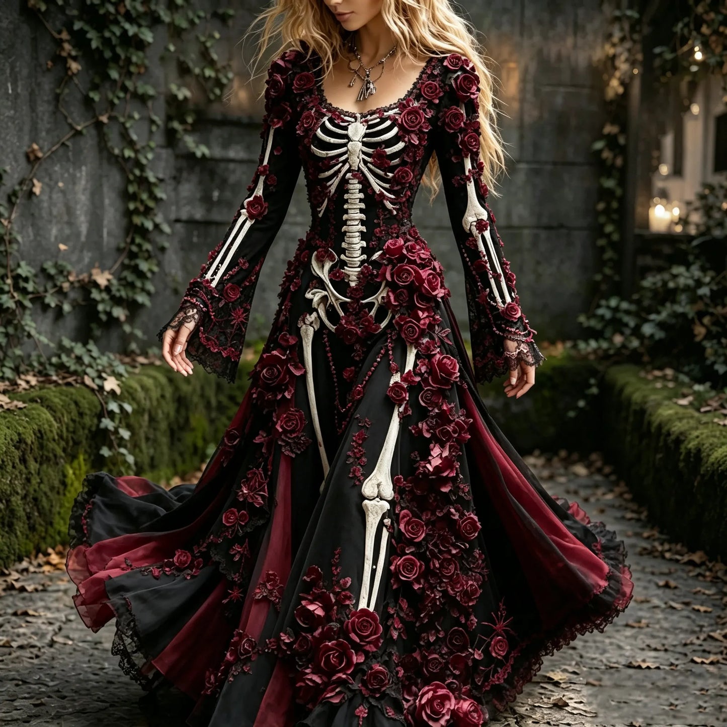 Women's Retro Halloween Rose And Human Skeletal Art Pattern Maxi Dress