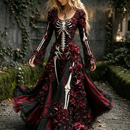 Women's Retro Halloween Rose And Human Skeletal Art Pattern Maxi Dress
