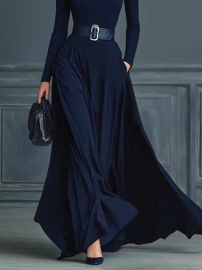 Dark Blue Knitted High-neck Dress（No belt）