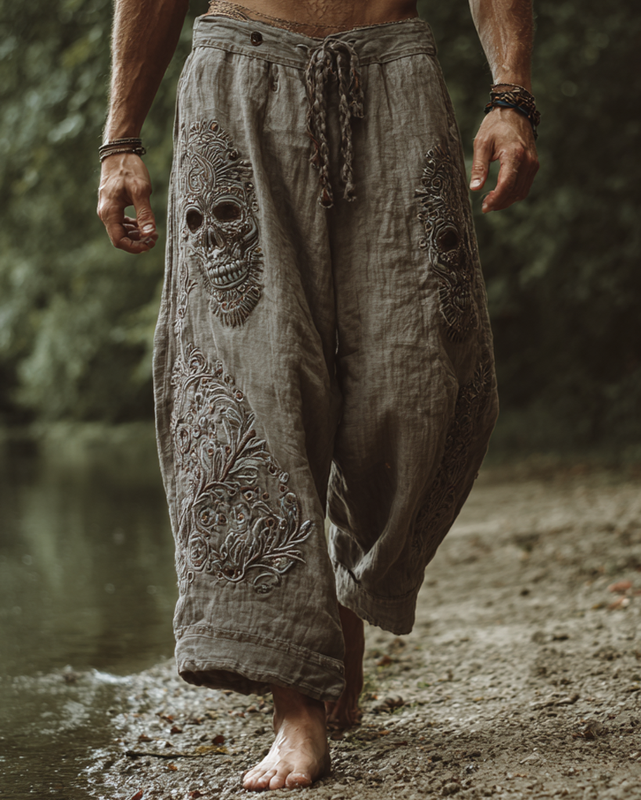 Men's Casual Halloween Theme Skull 3D Embroidered Linen Pants f436