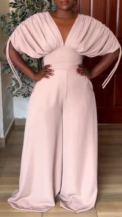 V‑Neck Draped Batwing Sleeve Wide Leg Jumpsuit