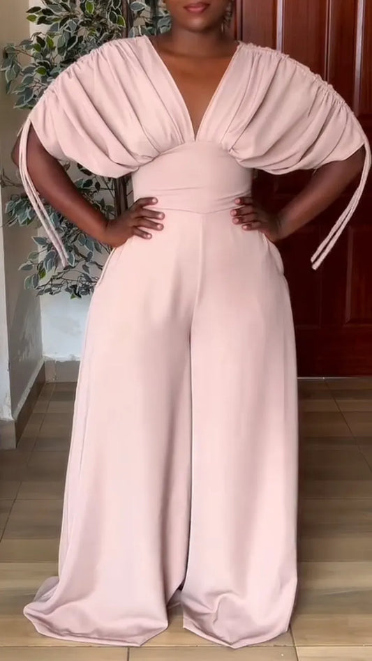 V‑Neck Draped Batwing Sleeve Wide Leg Jumpsuit