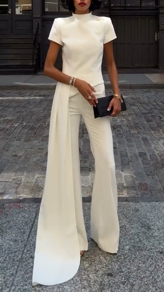 White High-Neck Cape Detail Suit Set