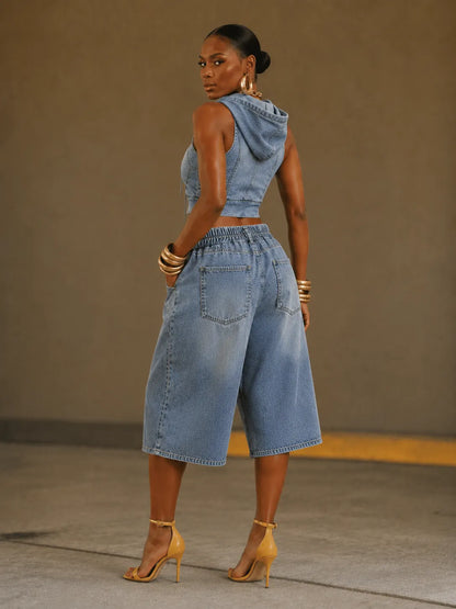 Hooded Sleeveless Denim Crop Top & Bermuda Short Set