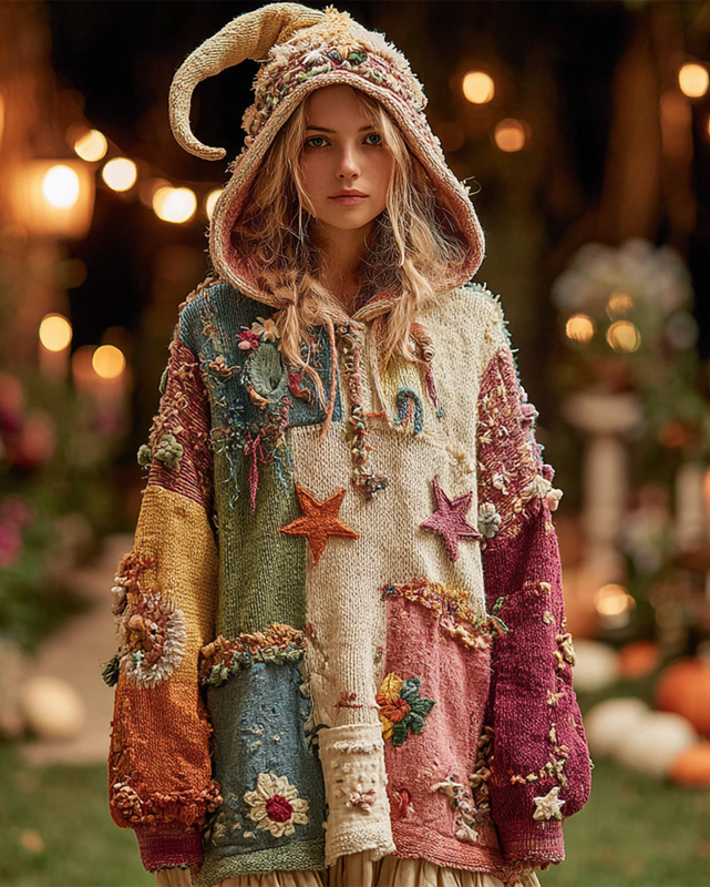 Women's Summer Vacation Floral Embroidered Linen Patchwork Hooded Sweatshirt  2989