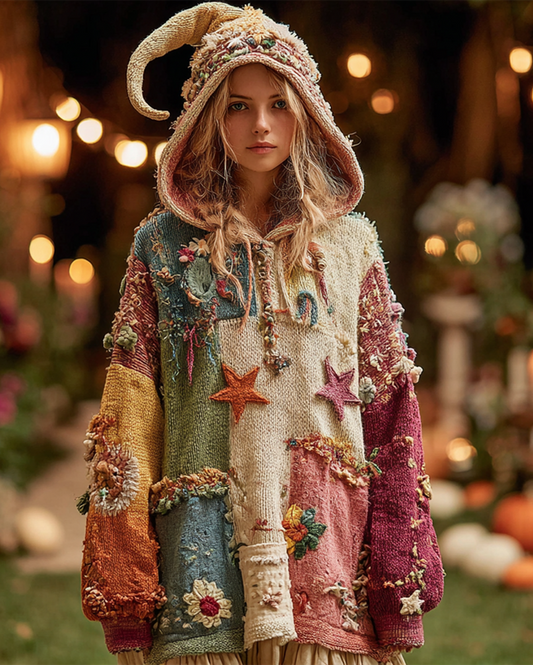 Women's Summer Vacation Floral Embroidered Linen Patchwork Hooded Sweatshirt  2989