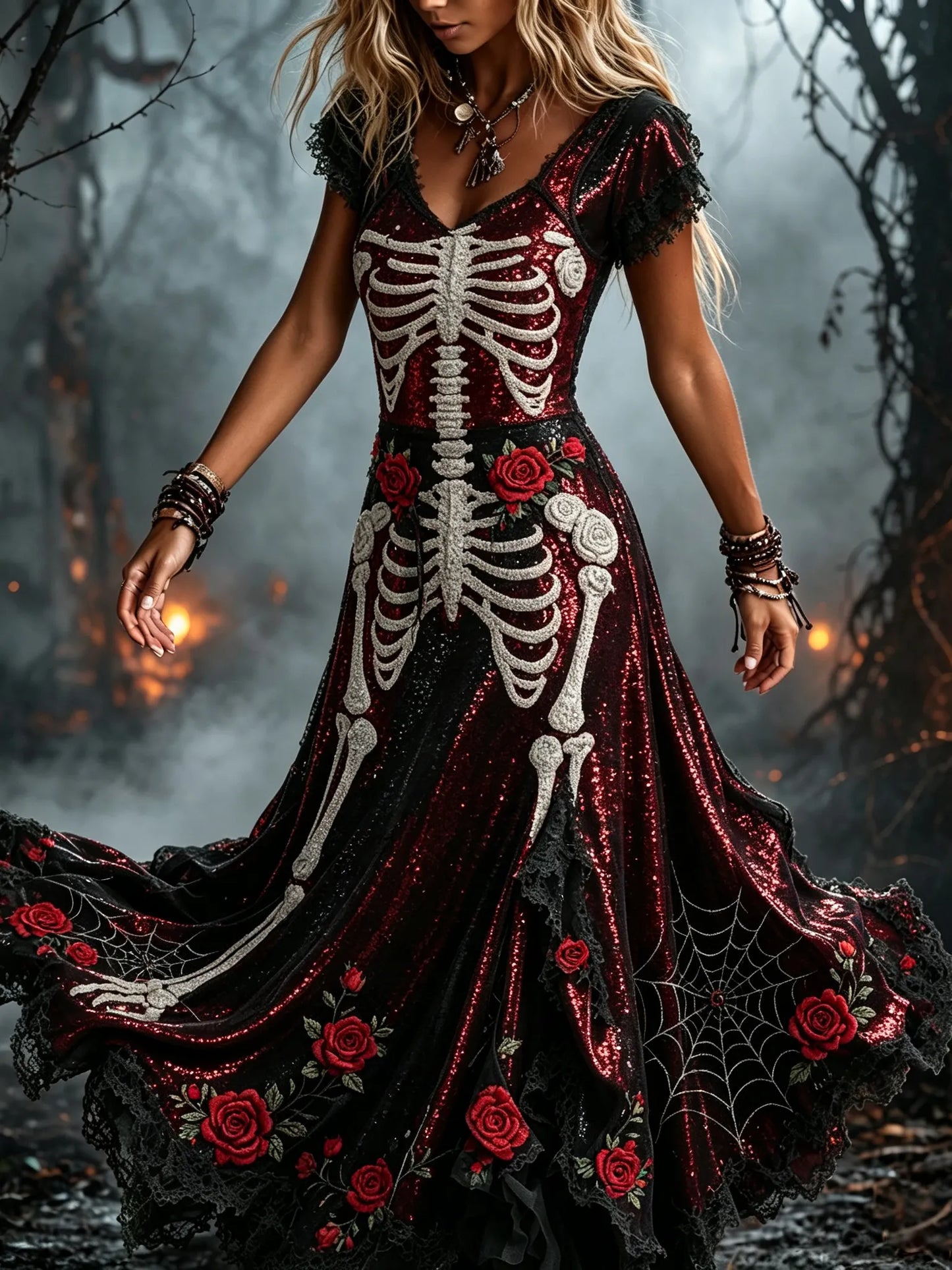 Women's Rose Spider Skull Design V-neck Short-sleeved Dress
