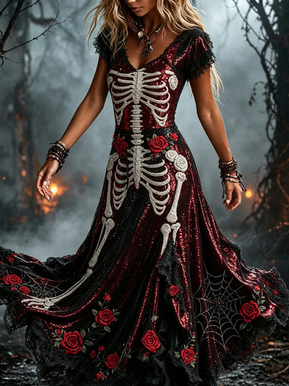 Women's Rose Spider Skull Design V-neck Short-sleeved Dress