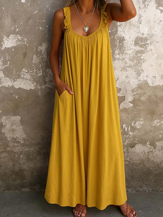 Women's Solid Color Square-neck Sleeveless Casual Loose Cotton-linen Dress