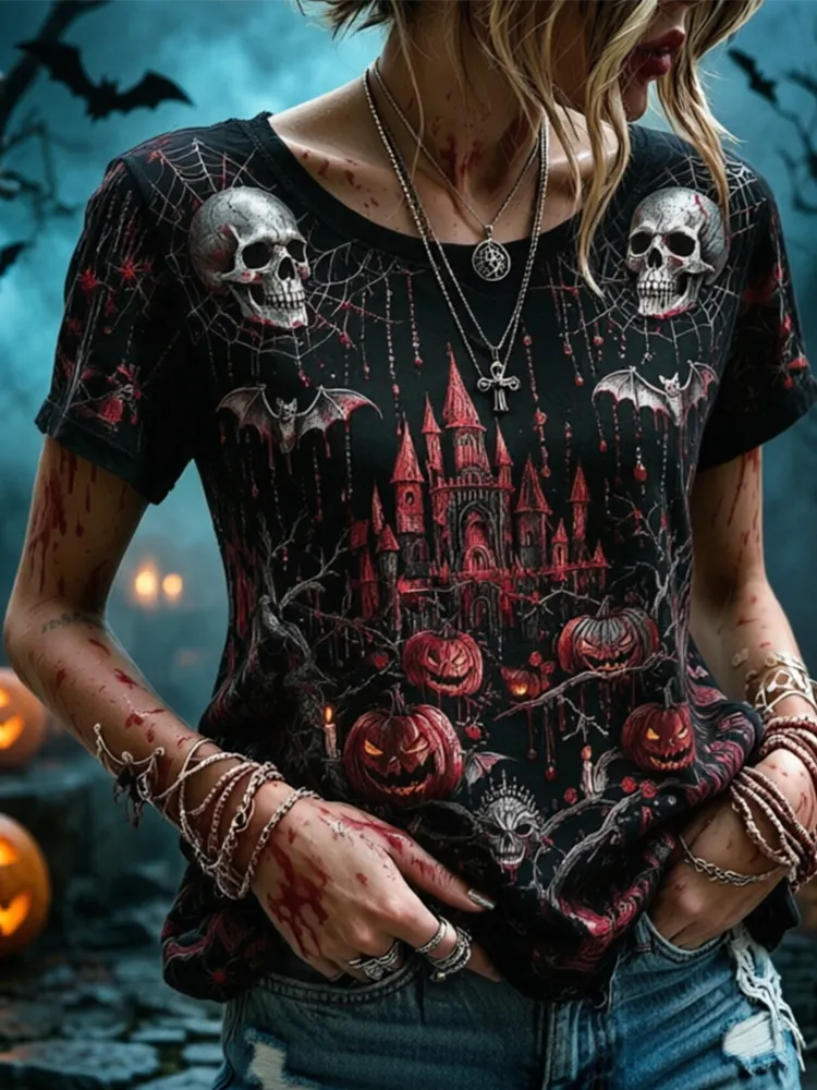 Women's Halloween Spooky Skull, Haunted Castle, And Pumpkin Graphic Print T-shirt
