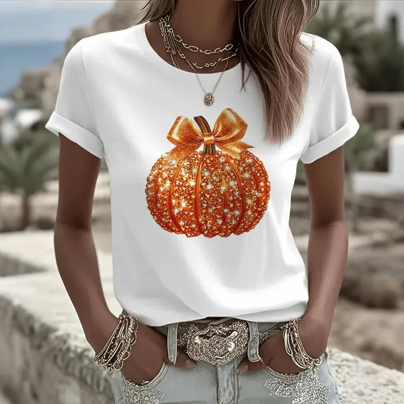 Women's Autumn Sequin Pumpkin Print Crew Neck T-shirt