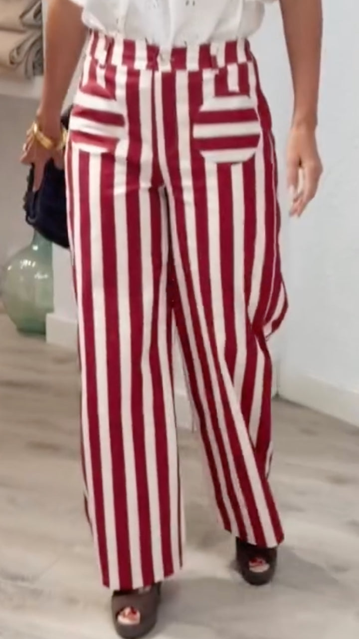 Women's Flutter-Sleeve Shirt & Striped Trousers Set