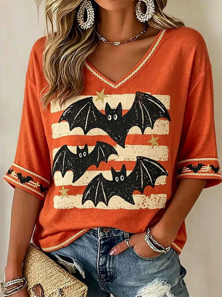 Women's Halloween Striped Bat Print Casual T-shirt