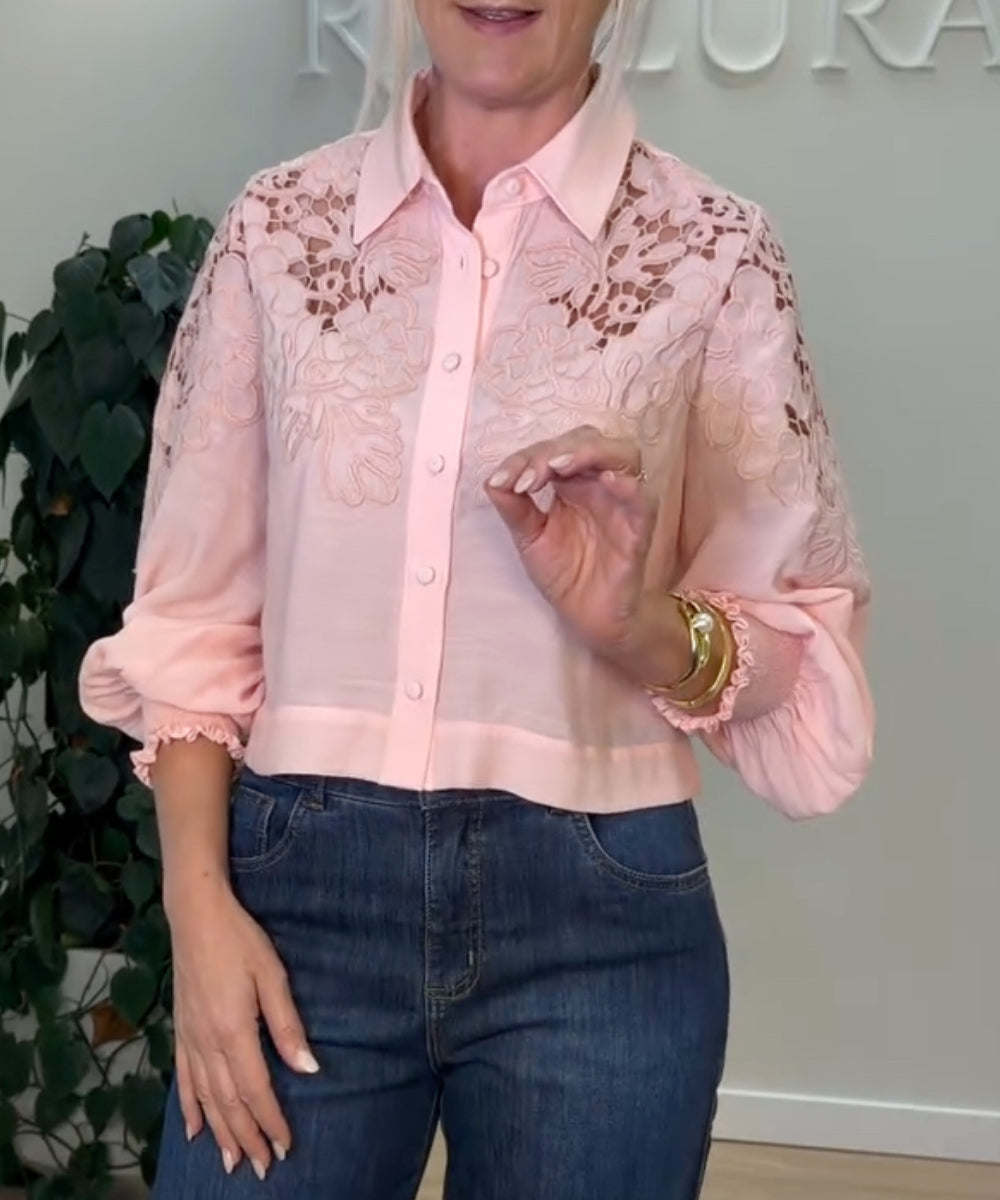 Floral Cutout Lace Button Down Blouse