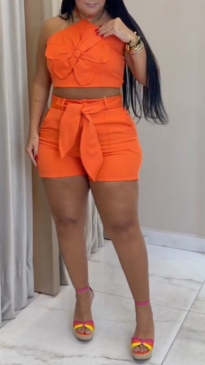 Orange Flower Halter Top and Shorts Set