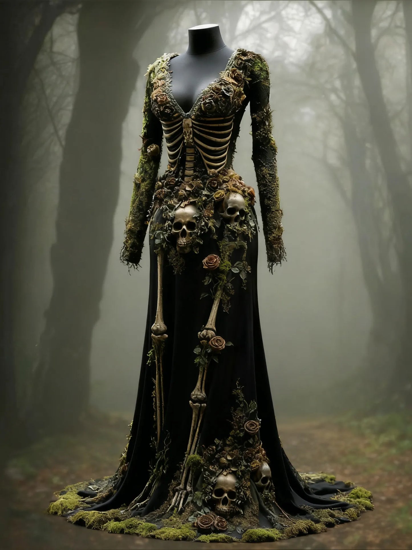 Women's Halloween Skull Flower Moss Witch Velvet Maxi Dress
