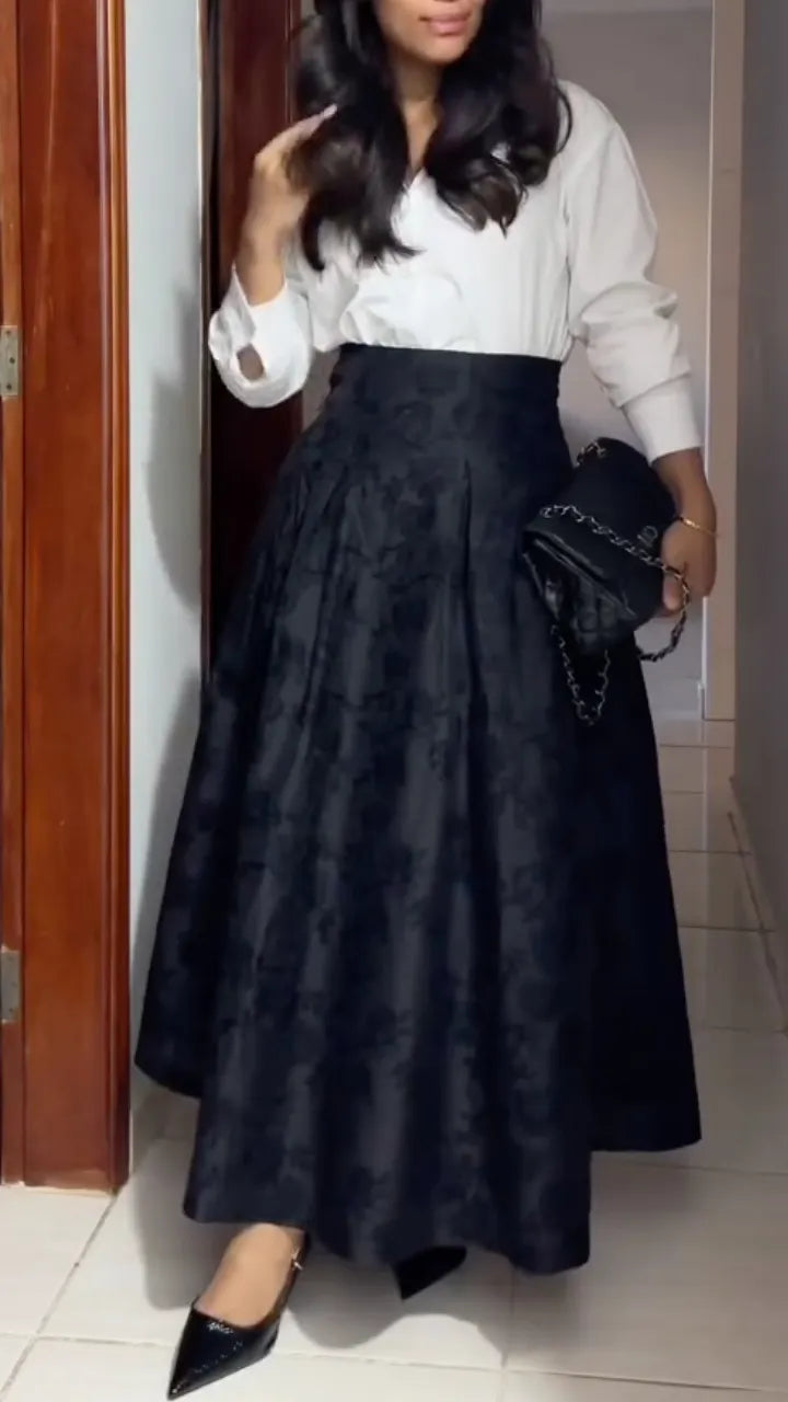 Black Textured Maxi Skirt and White Blouse Outfit