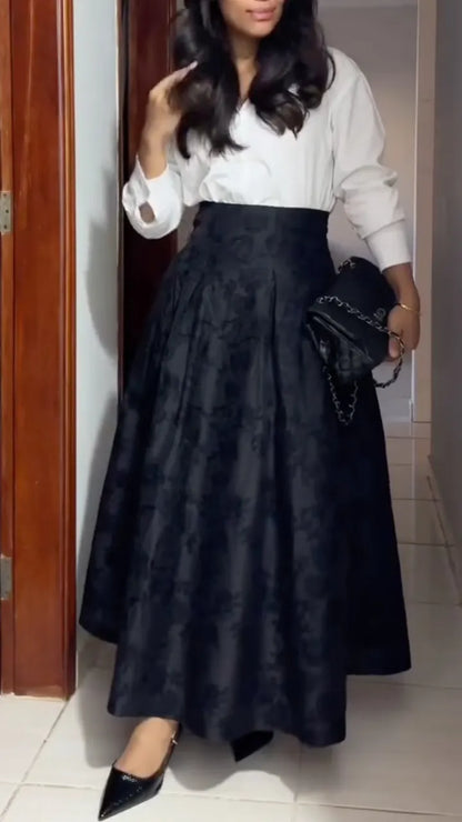 Black Textured Maxi Skirt and White Blouse Outfit