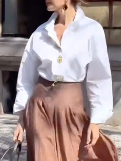 Button-Down Shirt & Brown Pleated Midi Skirt Set