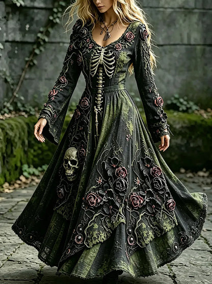 Women's Retro Floral Human Skeletal Art Pattern Casual Linen Maxi Dress