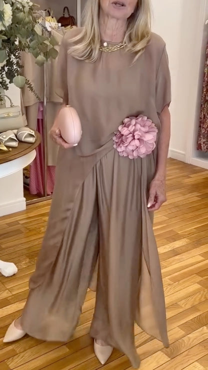 Taupe Chiffon Top & Wide Leg Pants Set
