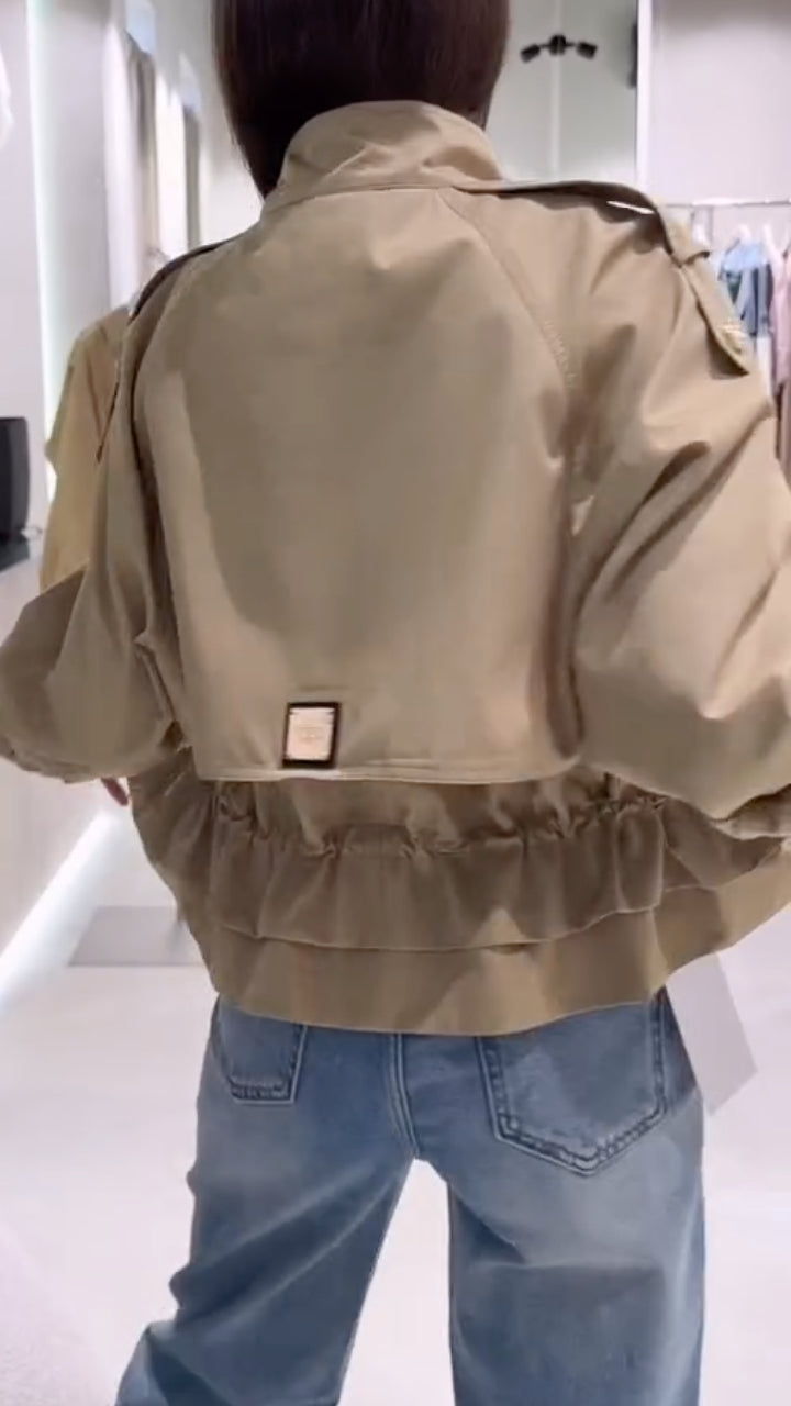 Beige Drawstring Waist Utility Jacket