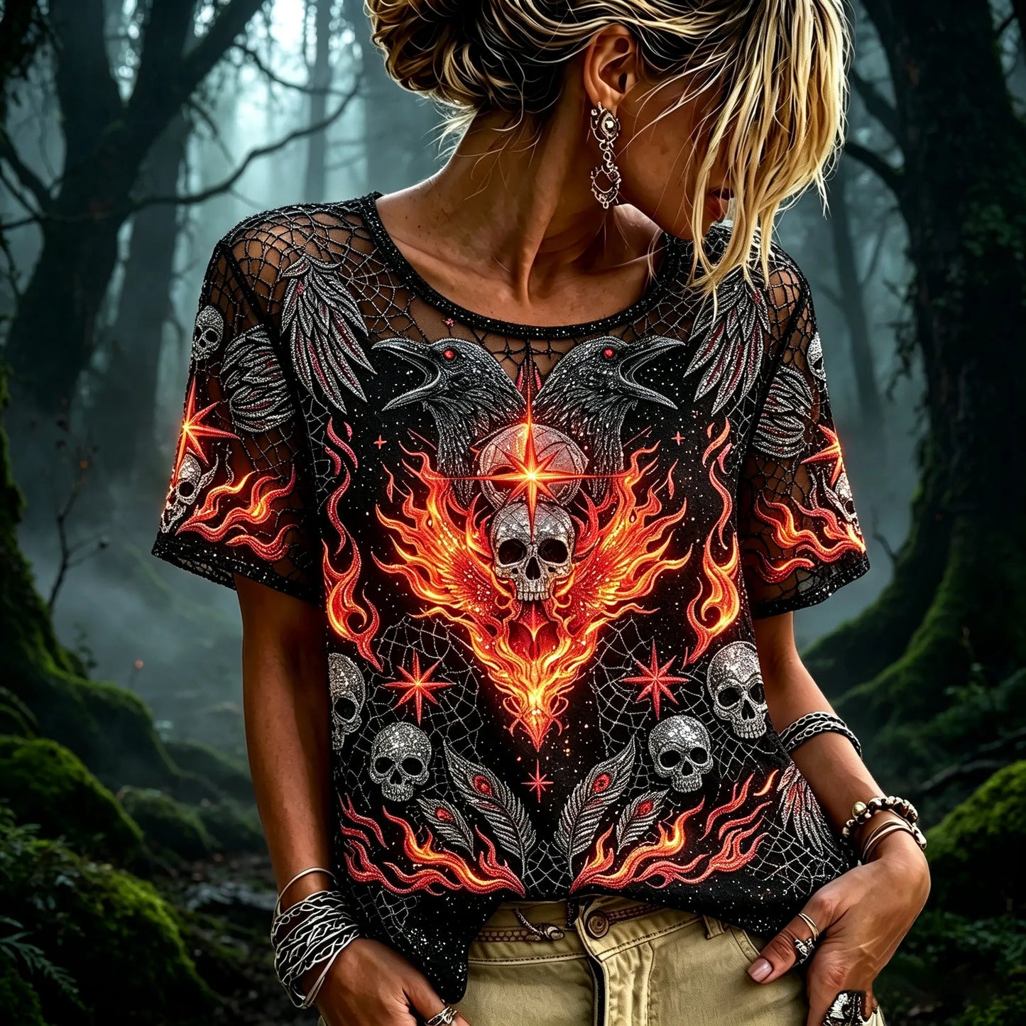 Women's Retro Halloween Skull And Raven Embroidered Crew Neck Short Sleeve T-shirt