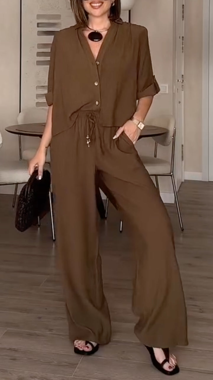 Brown Linen-Blend Button-Down Shirt & Wide Leg Pants Co-Ord