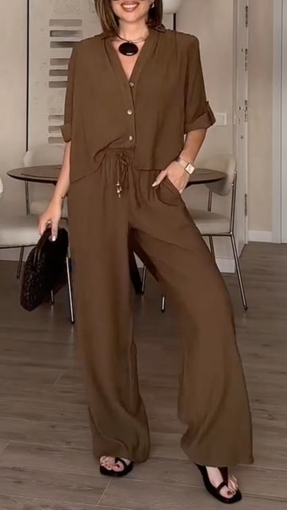 Brown Linen-Blend Button-Down Shirt & Wide Leg Pants Co-Ord